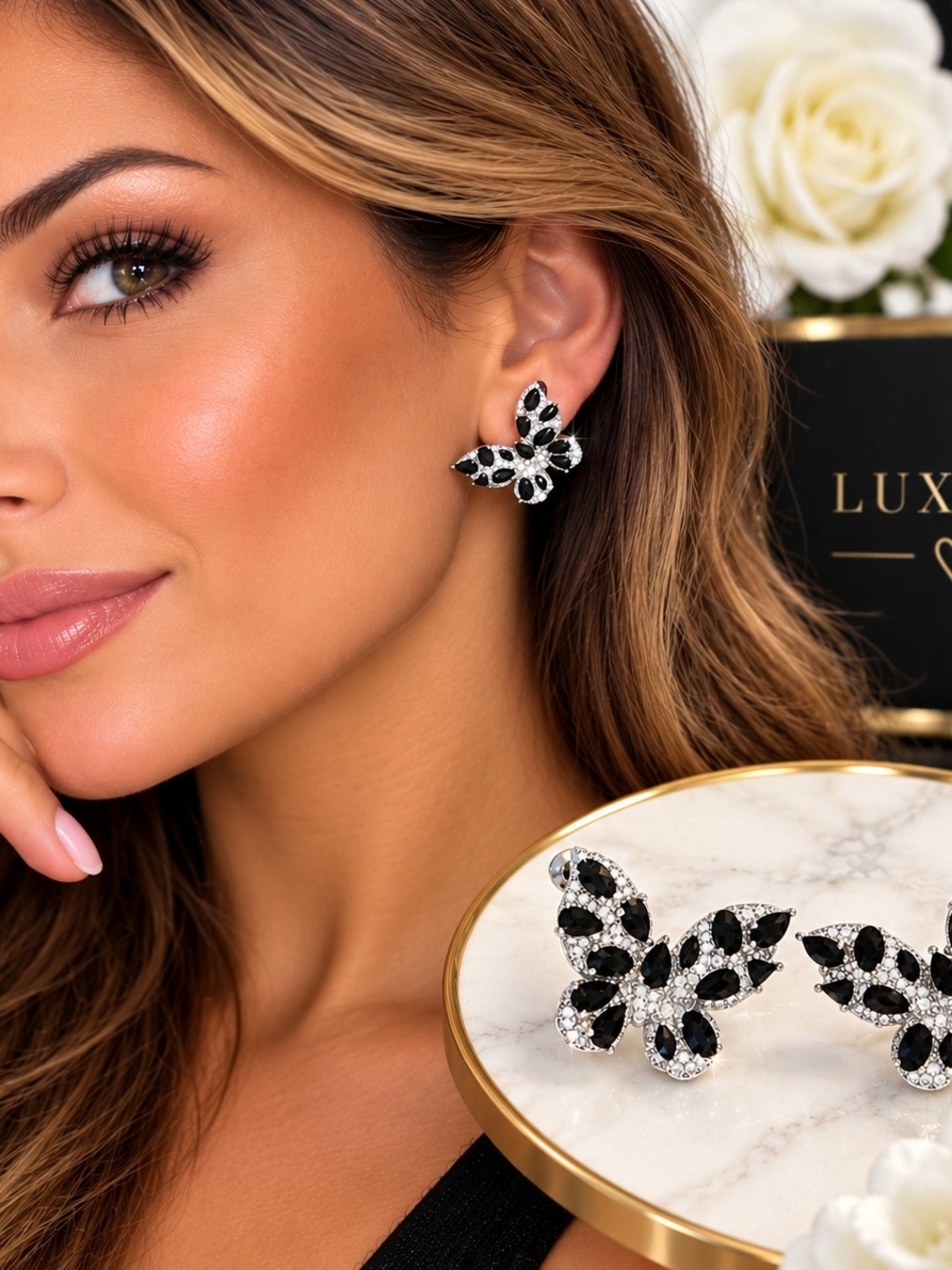 Lux Black and Silver Butterfly Crystal Stud Earrings